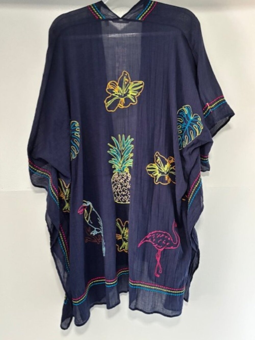 Soft Surroundings NWT One Size Navy Embroidered Tropical Kimono Cover Up Resort - Picture 4 of 10